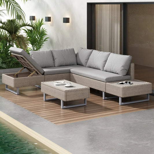 Loungebank – Tuinbank – Loungeset – Buitenbank – Tuinmeubel – UV-bestendig PE-Rattan – Verstelbare Rugleuning - Khaki