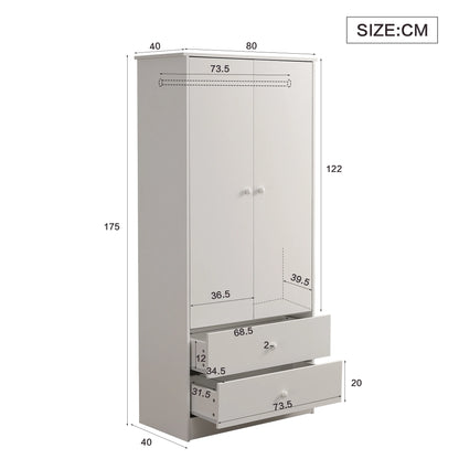 Witte Kledingkast – Garderobekast – Kledingrek – Opbergkast – 2 Lades – Houtmateriaal – 175 Cm Hoog
