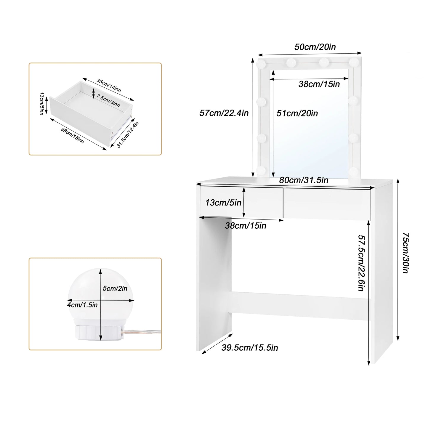 Kaptafel - met Spiegel - Cosmetic - Make Up - met 10 Dimbare LED Lampen - 80x132.5x39.5cm - met 2 Lades  - Opbergkast - Wit