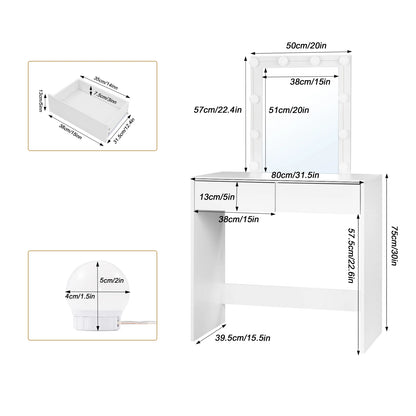 Kaptafel - met Spiegel - Cosmetic - Make Up - met 10 Dimbare LED Lampen - 80x132.5x39.5cm - met 2 Lades  - Opbergkast - Wit