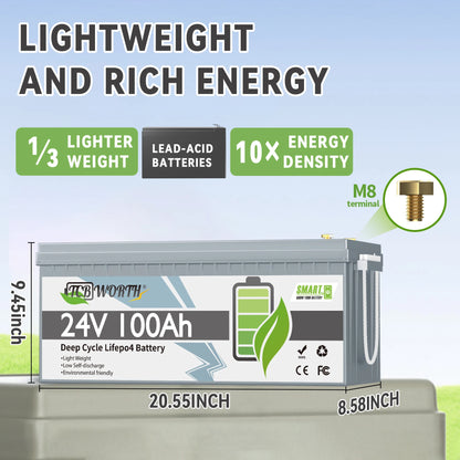 24V 100Ah LiFePO4 Accu – Lithium Accu – Energieopslag Accu – Camper Accu – Boot Accu – Bluetooth Connectiviteit – Geïntegreerd 100A Batterijbeheersysteem
