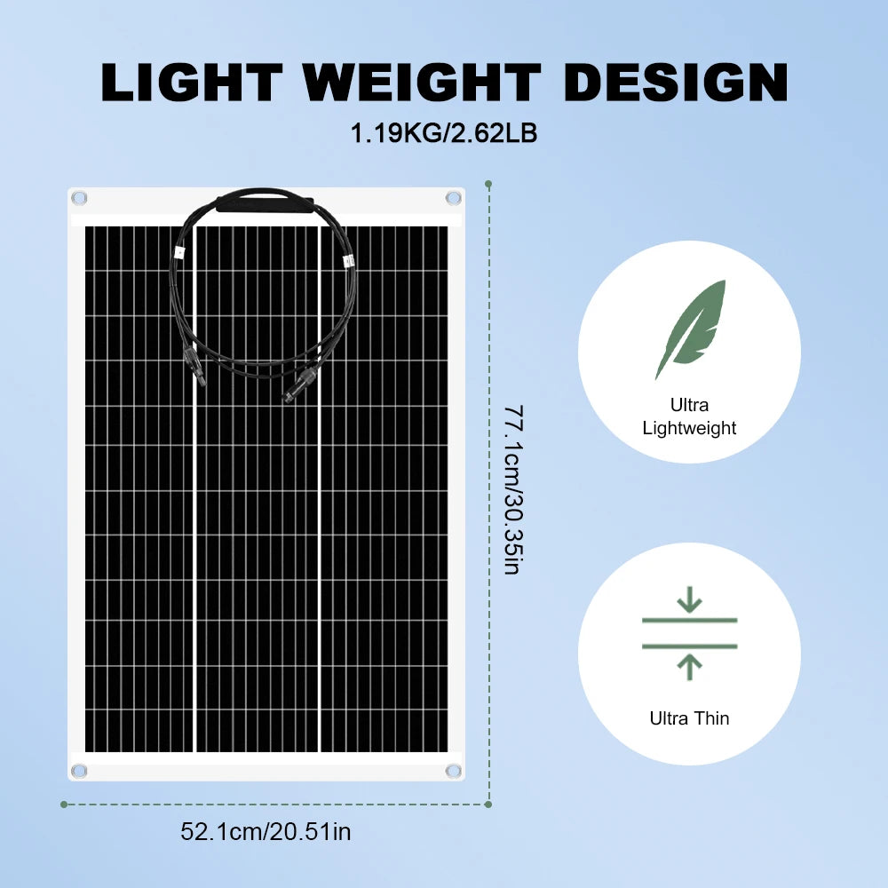 Zonnepanelen - Monokristallijne Zonnepaneel Kit - Flexibel - Zonne Energie - 100W - Waterdichte - voor Camping, RV & Off-grid Gebruik - QUORE