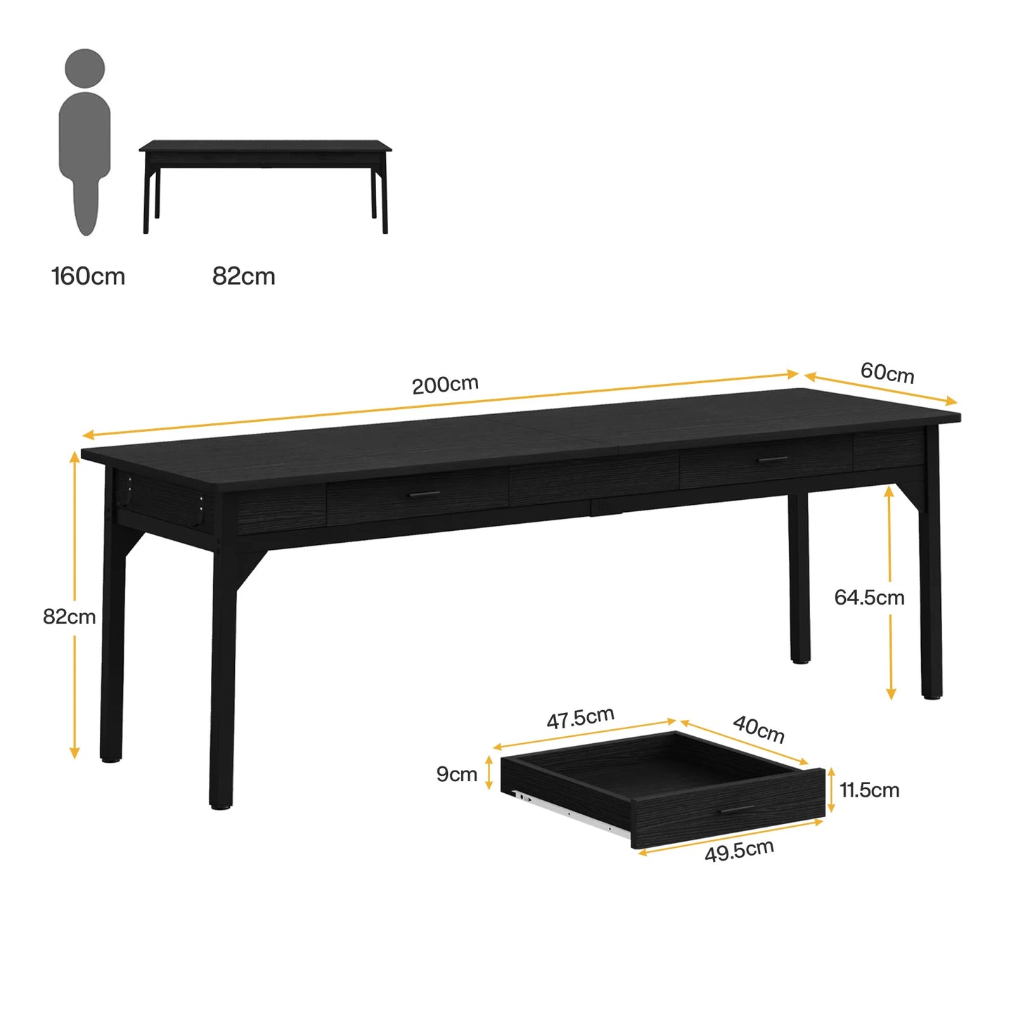 Bureau – Werkplek – Thuiswerkplek – Twee Personen – Extra Breed – Met Laden – Verstelbare Pootbeschermers - 200 x 60 x 82 cm - Zwart