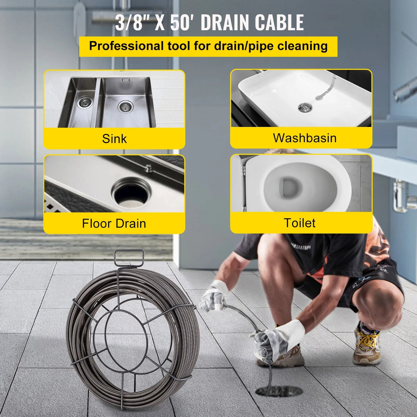 Afvoer Reinigingsmachine - Professionele Afvoerkabel - Deaal Voor 2 - 4 Inch - Buizen - Premium Mangaan - Vier Vormen Van - Messen,Voor Het Reinigen Van - Afvoeren - 50 voet - QUORE