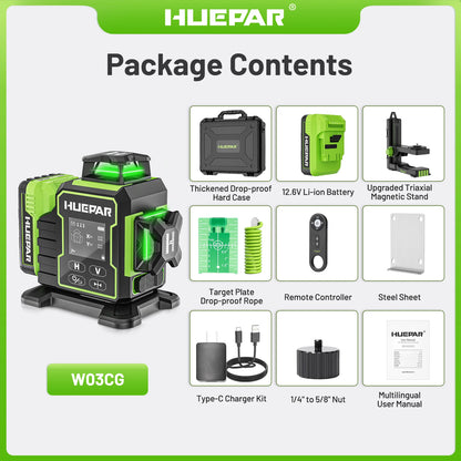 Huepar W03CG Laser Level 3x360 Self Leveling, 3D 12 Lines Bluetoothed Laser Level with Electric Rotating Base ＆ Large LCD Screen