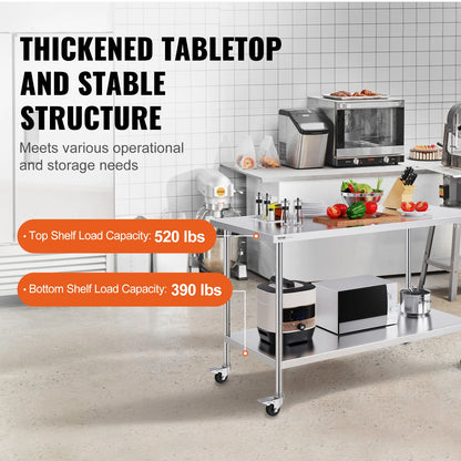 Verstelbare Werkbank – RVS Werktafel – Roestvrijstalen Tafel – Werkblad Met Wieltjes – Verstelbare Hoogte – 1524x762 mm - QUORE