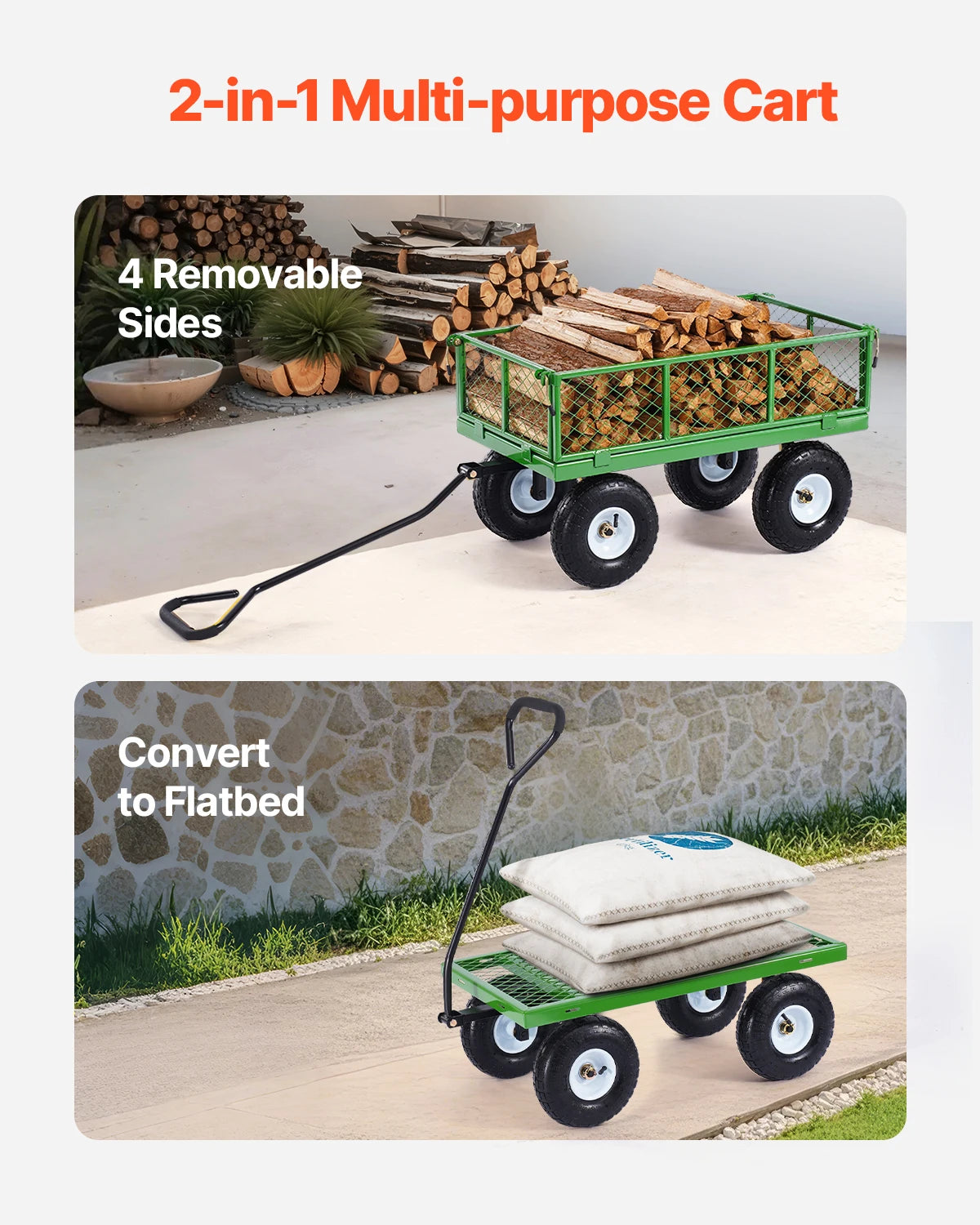 Tuinwagen - Tuinkar - Heavy-duty - 680 lb Draagkracht - 2-in-1 Plat- en - Hekwerkontwerp - 360° Draaibare Wielen - Voor Tuin - Erf en Magazijn - Ergonomische Handgreep - QUORE