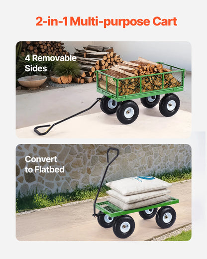 Tuinwagen - Tuinkar - Heavy-duty - 680 lb Draagkracht - 2-in-1 Plat- en - Hekwerkontwerp - 360° Draaibare Wielen - Voor Tuin - Erf en Magazijn - Ergonomische Handgreep - QUORE