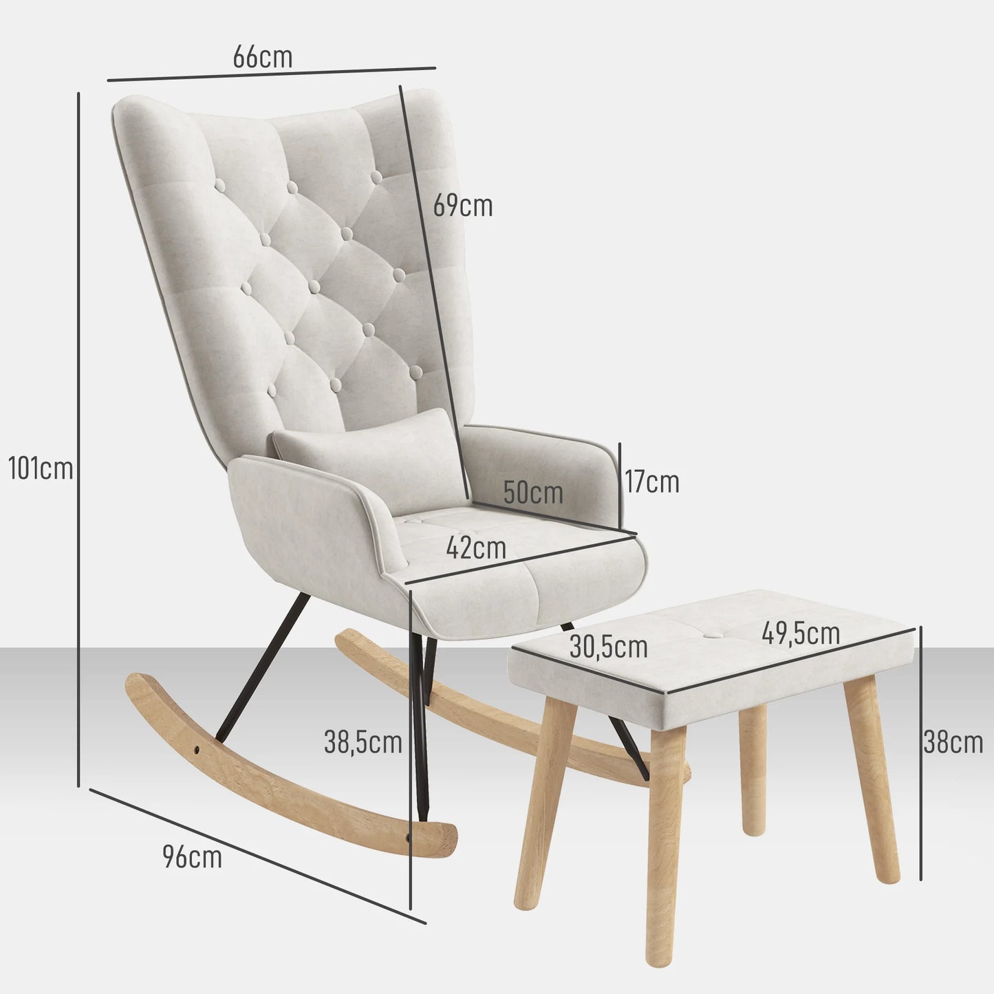 Relaxfauteuil – Relaxstoel – Schommelstoel – Fauteuil Met Voetenbank – Fluweel Crème – Rubberhout – Schommelende Beweging