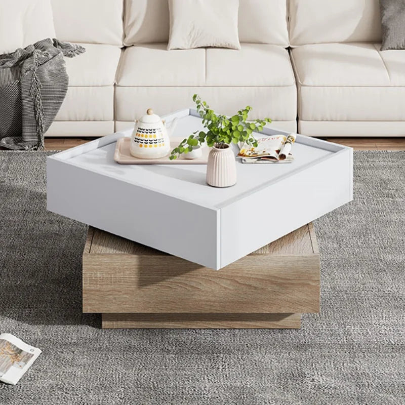 Living Room Table Rotatable To 360 ° Rotatable Table Top With 2 Floors Storage Cabinet Side Table With Walnut Frame 60*60*38cm