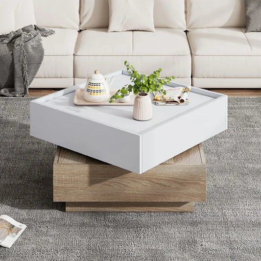 Living Room Table Rotatable To 360 ° Rotatable Table Top With 2 Floors Storage Cabinet Side Table With Walnut Frame 60*60*38cm