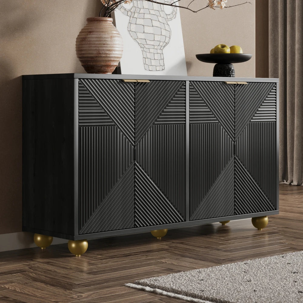 Dressoir – Kast – Opbergmeubel – Sideboard – Ladekast – Zwart MDF – Verstelbare Legplanken – Metalen Handgrepen