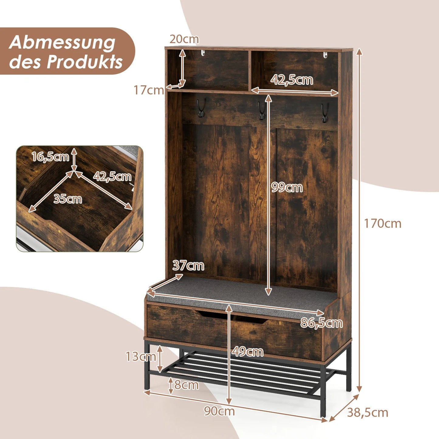 4-in-1 Kapstok met Zitbank – Garderoberek met Open Vakken - Schoenenkast en 3 Haken – Halgarderobe met Zitkussen – 90 x 38,5 x 170 cm