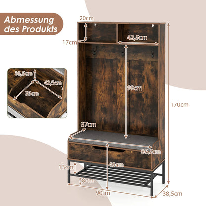 4-in-1 Kapstok met Zitbank – Garderoberek met Open Vakken - Schoenenkast en 3 Haken – Halgarderobe met Zitkussen – 90 x 38,5 x 170 cm