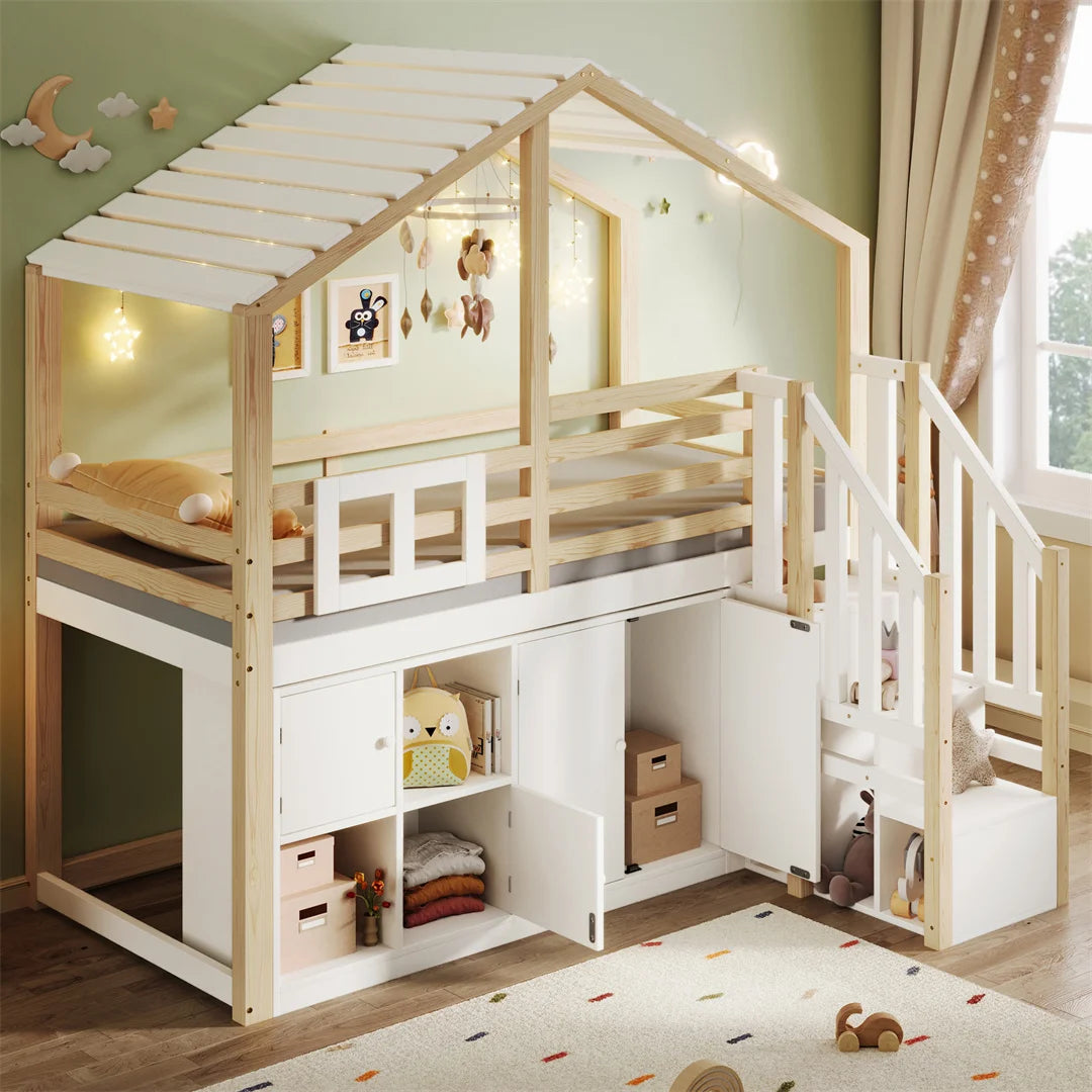 Hoogslaper – Kinderbed – Huisbed – Stapelbed – Hochslaper Kind – Massief Houten Frame – Slimme Opbergruimte Met Kast En Trap