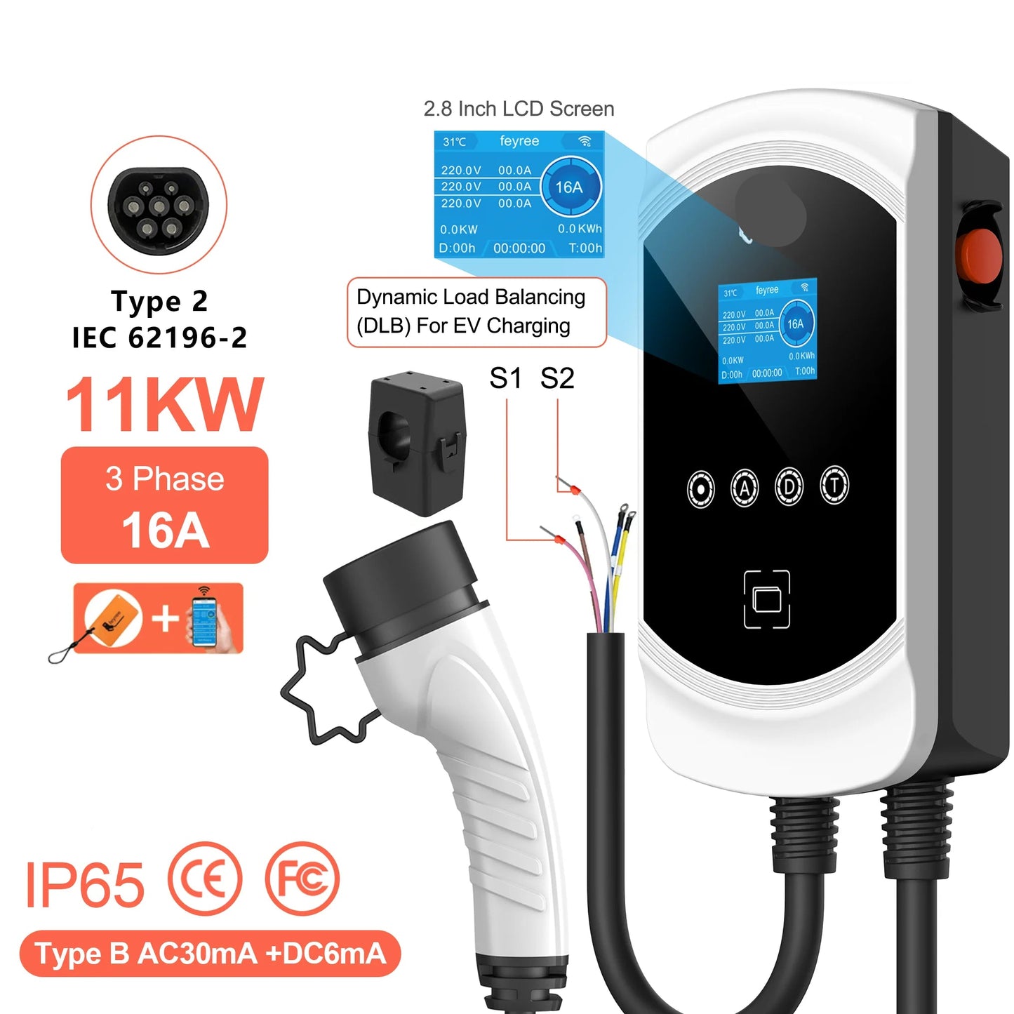 Laadpaal Elektrische Auto – Oplaadstation – Thuislader – EV Charger –  11kW - 16A - 3 phase - Type 2 – Dynamic Load Balancing – Waterdicht IP65 - QUORE