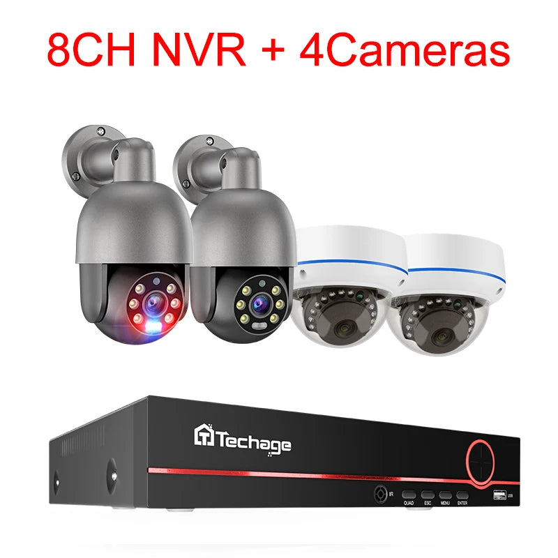 Techage 8CH 5MP POE Camera System H.265 8CH PTZ Dome Camera Human Detection CCTV Video Home Security Surveillance Set PT825G-50P