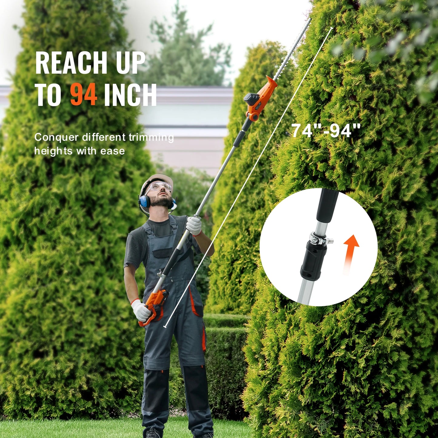 Knoptrimmer - Heggenschaar - Snoerloze Heggenschaar - 18 inch Dubbelkantig stalen blad - 74“-94” Telescopisch ontwerp - Hoogtakentrimmer - Oranje