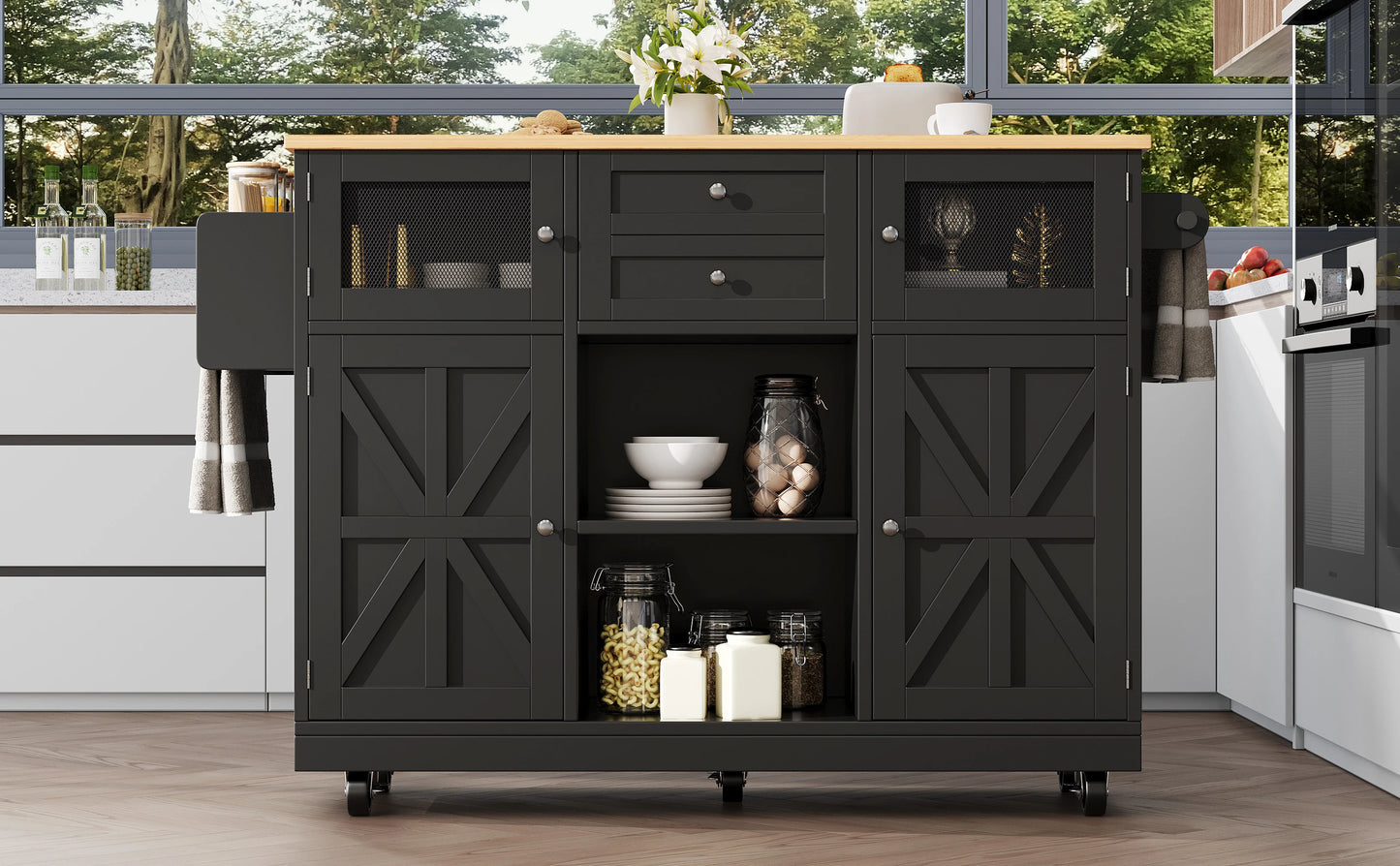Kitchen island, dining cart with worktop, buffet cabinet, dining cart with wood grain, side towel rail,adjustable dividers,black - QUORE