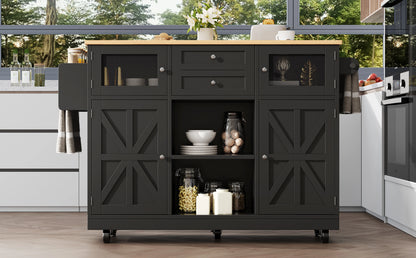 Kitchen island, dining cart with worktop, buffet cabinet, dining cart with wood grain, side towel rail,adjustable dividers,black - QUORE