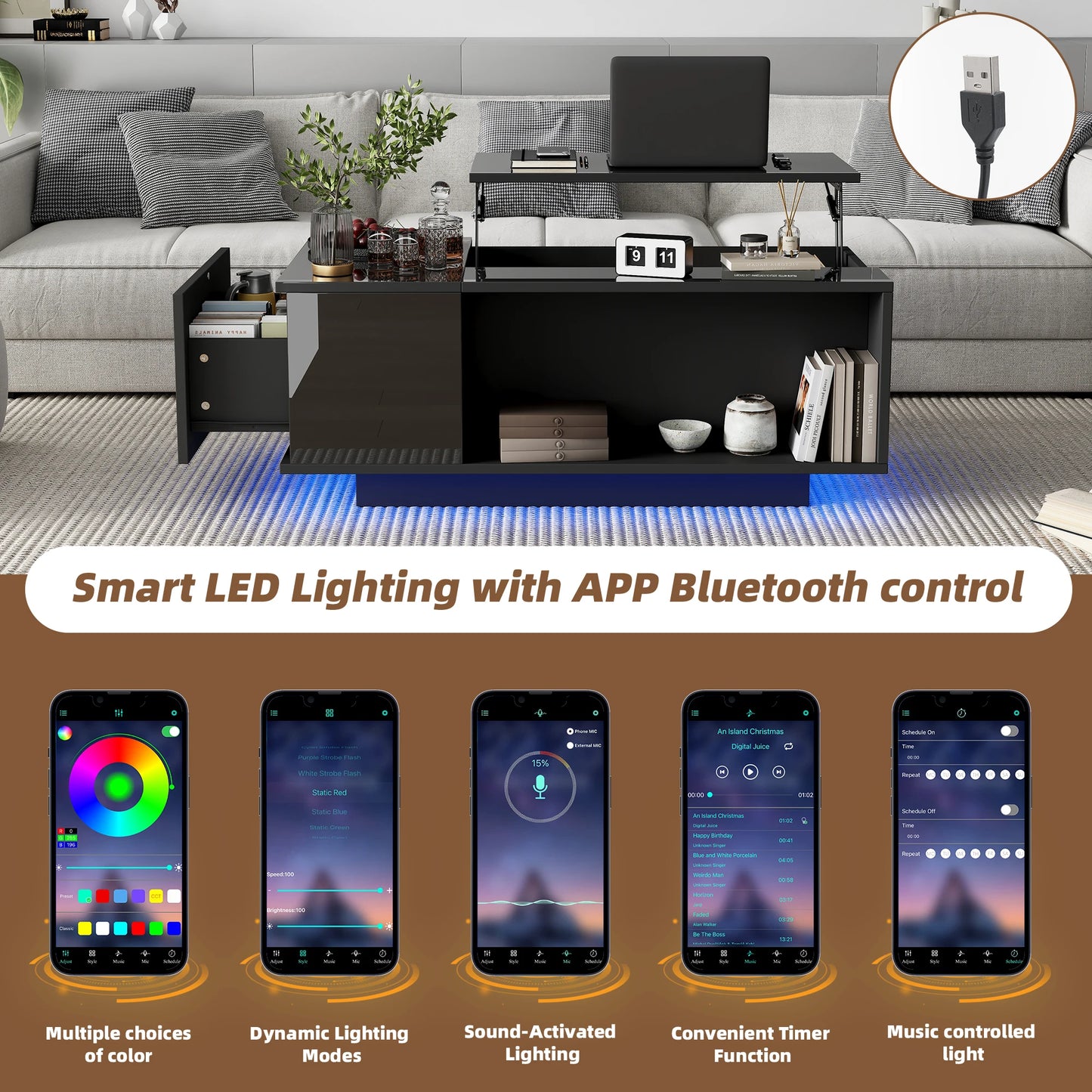 Salontafel – Koffietafel – Bijzettafel – Woonkamertafel – Tafel – Verstelbaar Hoogte – Met Verstelbare LED-verlichting en Opbergruimte – 100x50x40 cm - QUORE