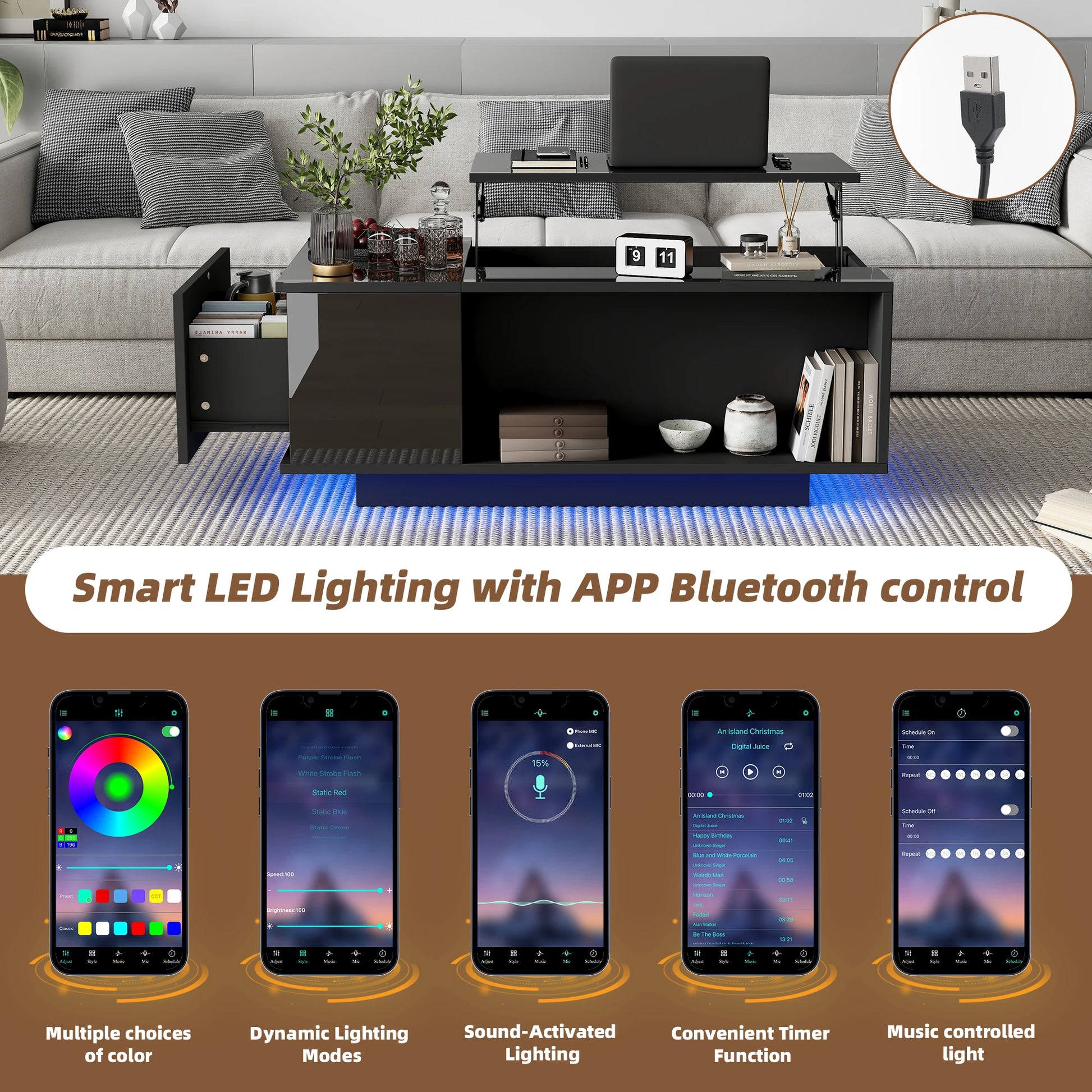 Salontafel – Koffietafel – Bijzettafel – Woonkamertafel – Tafel – Verstelbaar Hoogte – Met Verstelbare LED-verlichting en Opbergruimte – 100x50x40 cm - QUORE
