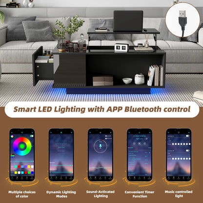 Salontafel – Koffietafel – Bijzettafel – Woonkamertafel – Tafel – Verstelbaar Hoogte – Met Verstelbare LED-verlichting en Opbergruimte – 100x50x40 cm - QUORE
