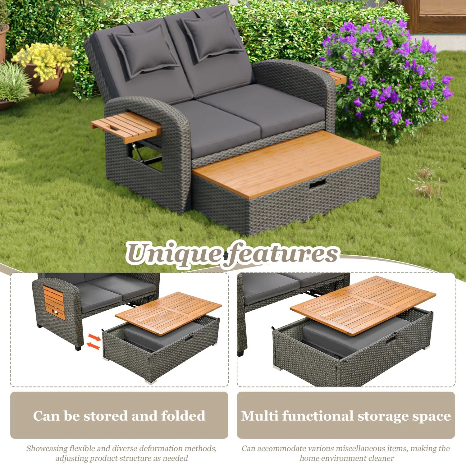 Tuinset – Buitenmeubel – Loungeset – Relaxstoel – Verstelbare Rugleuning – Weerbestendig Rattan – Opbergruimte Voetensteun - QUORE