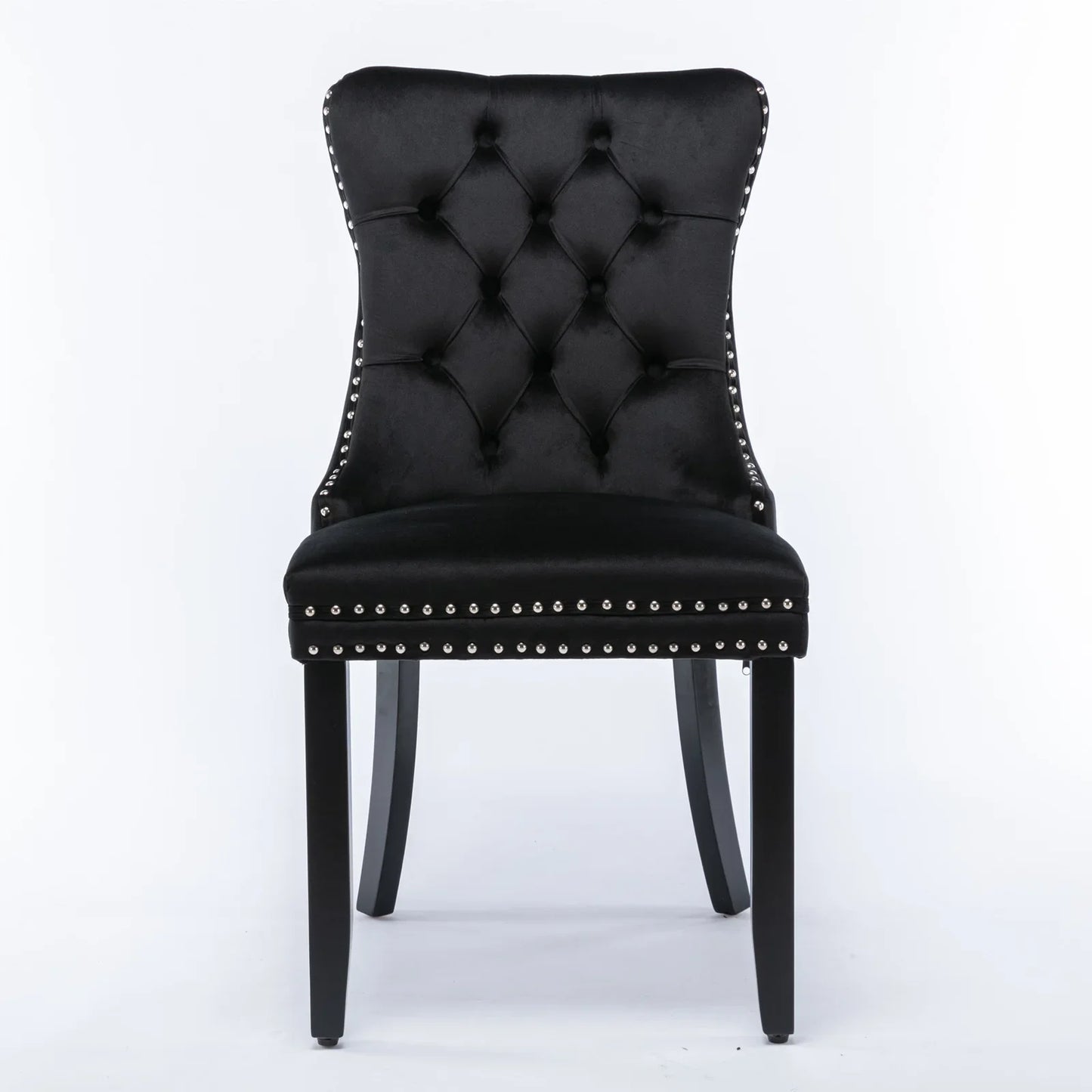 Elegant, High-End Tufted Solid Wood Dining Chairs with Velvet Upholstery, Wood Legs, and Nailhead Trim - 2-Piece Set, Black