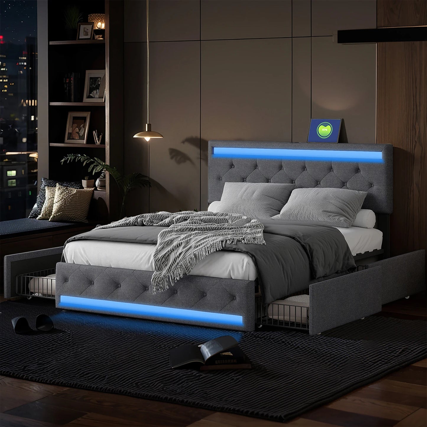 Opbergbed – Gestoffeerd Bed – Tweepersoonsbed – Opbergruimte Bed – Ladebed – 180x200 cm – Linnen Hoofdbord met LED Verlichting – Met 4 Ruime Lades