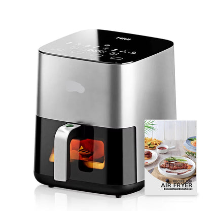 Heteluchtfriteuse - 5L - Oven - Touch Bediening - en Kijkvenster - Elektrische Olievrije - met Antiaanbakmand - Familieformaat - Lichtgrijs