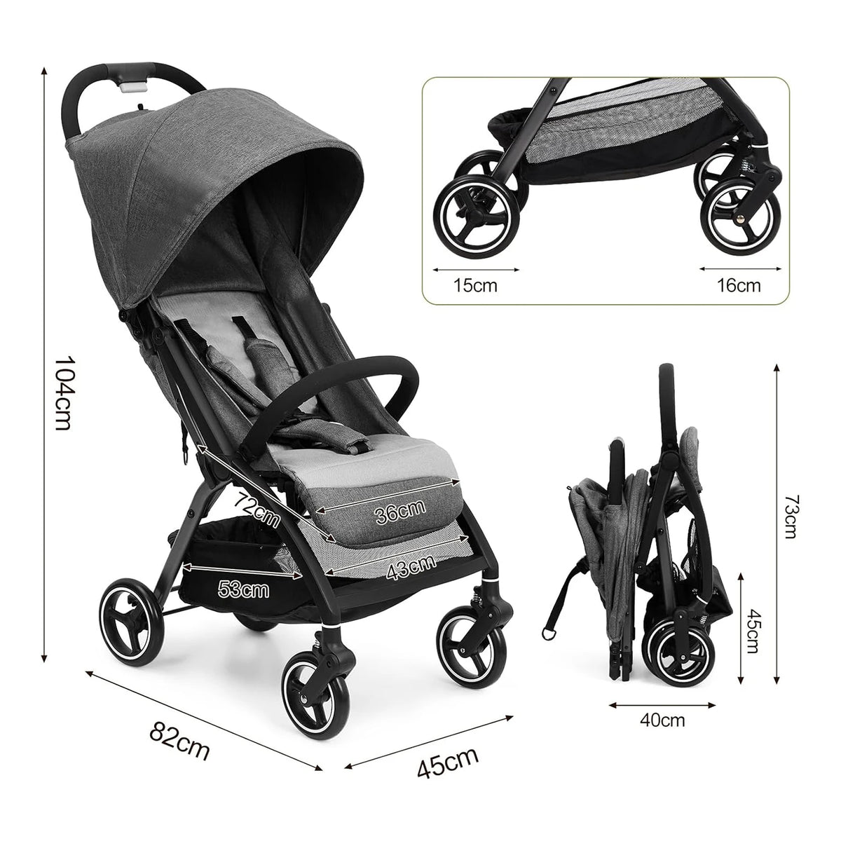 kinderwagen - Jogging buggy - Runner - Lichtgewicht kinderwagen - Baby kinderwagen - Kinderwagen - Automatisch zelf opvouwbaar - Reiskinderwagen voor vliegtuig - Opvouwbaar met één hand - Kinderwagen voor peuters - Grijs