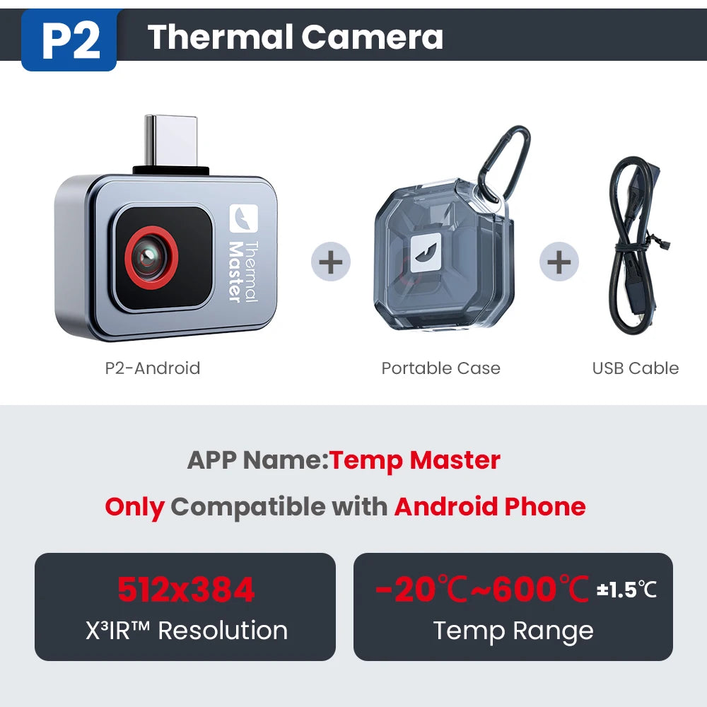 P2 Infrarood Thermometer – Temperatuurmeter – Warmtebeeldcamera – Digitale Thermometer – Thermografie – Android Variant – Temperatuurbereik -20°C tot 600°C – 256x192 Pixels Warmtebeeldsensor