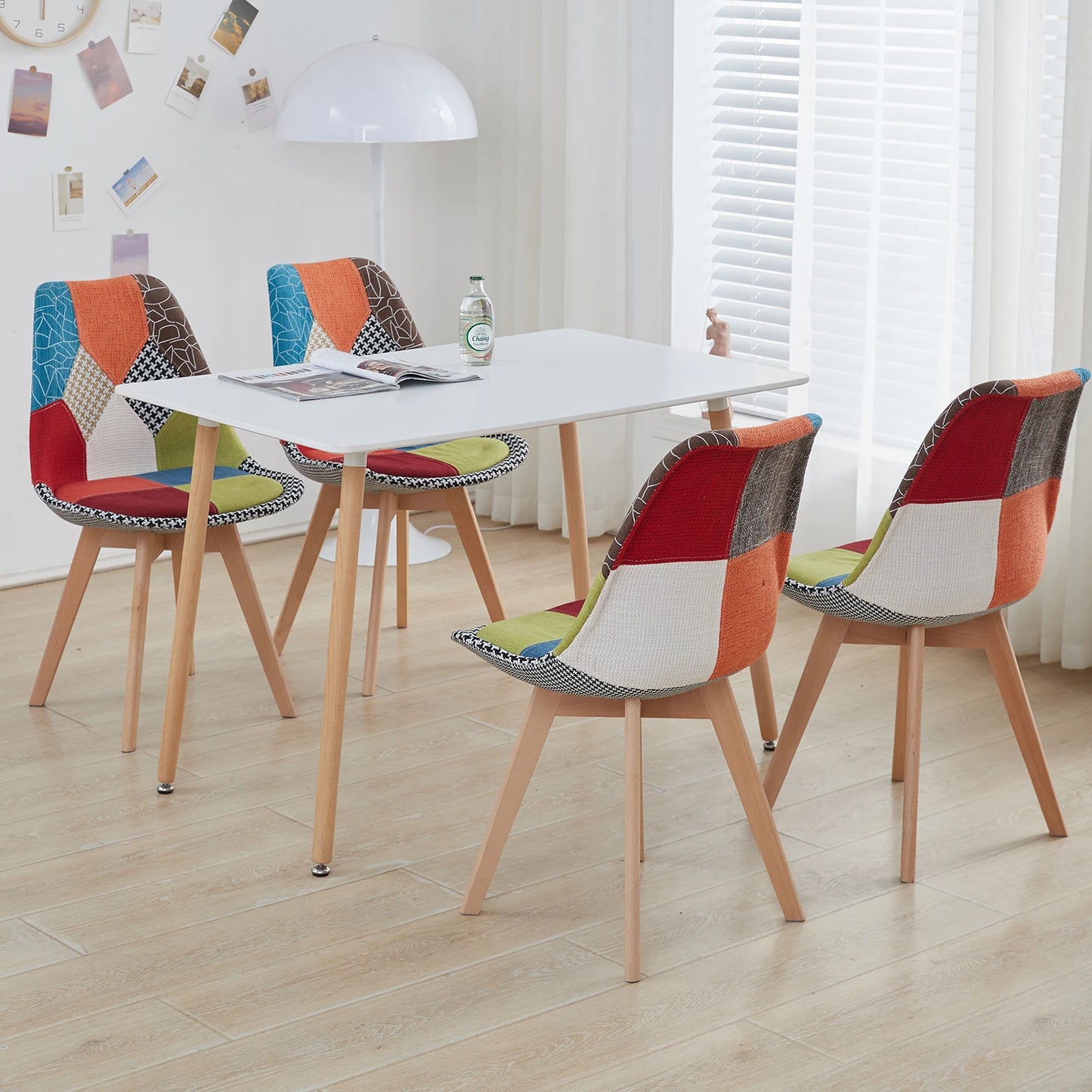 2Pcs/4Pcs Nordic Dining Chairs Colorful Patchwork Chairs with Wooden Legs and padded seat Lounge Chair for Kitchen Living Room
