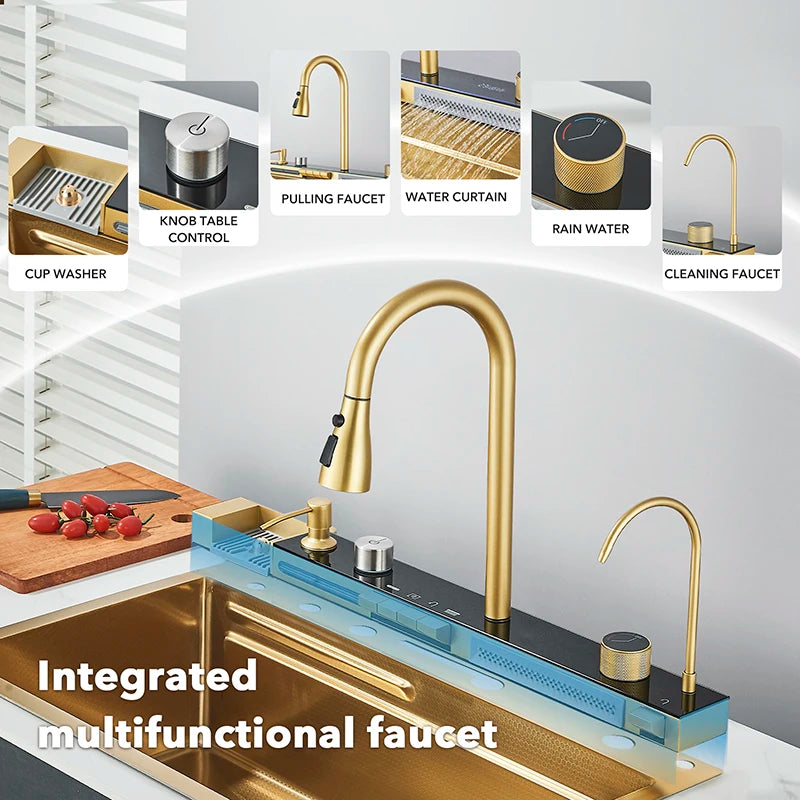 Dubbele Waterval Spoelbak – Keukenspoelbak – Enkele Kom – Roestvrijstalen Spoelbak – Goudkleurige Spoelbak – Geborstelde Gouden Afwerking – Duurzaam Roestvrij Staal – Apron Front Installatie - QUORE