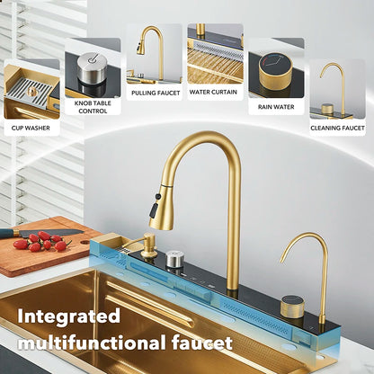 Dubbele Waterval Spoelbak – Keukenspoelbak – Enkele Kom – Roestvrijstalen Spoelbak – Goudkleurige Spoelbak – Geborstelde Gouden Afwerking – Duurzaam Roestvrij Staal – Apron Front Installatie - QUORE