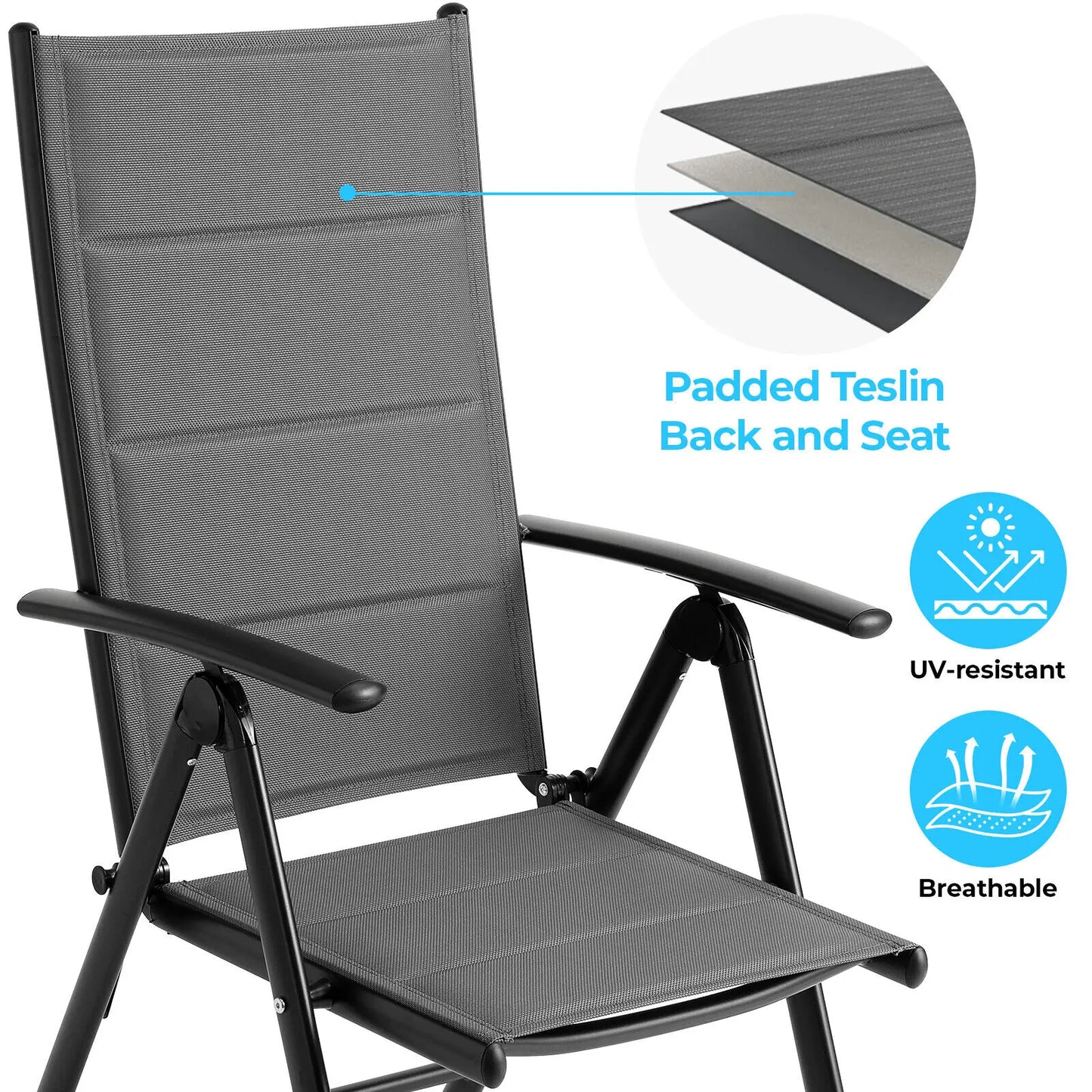 Tuinstoelen – Klapstoelen – Balkonstoelen – Terrasstoelen – Tuinmeubelen – Teakhouten Armleuning – Verstelbare Rugleuning - Grijs - QUORE