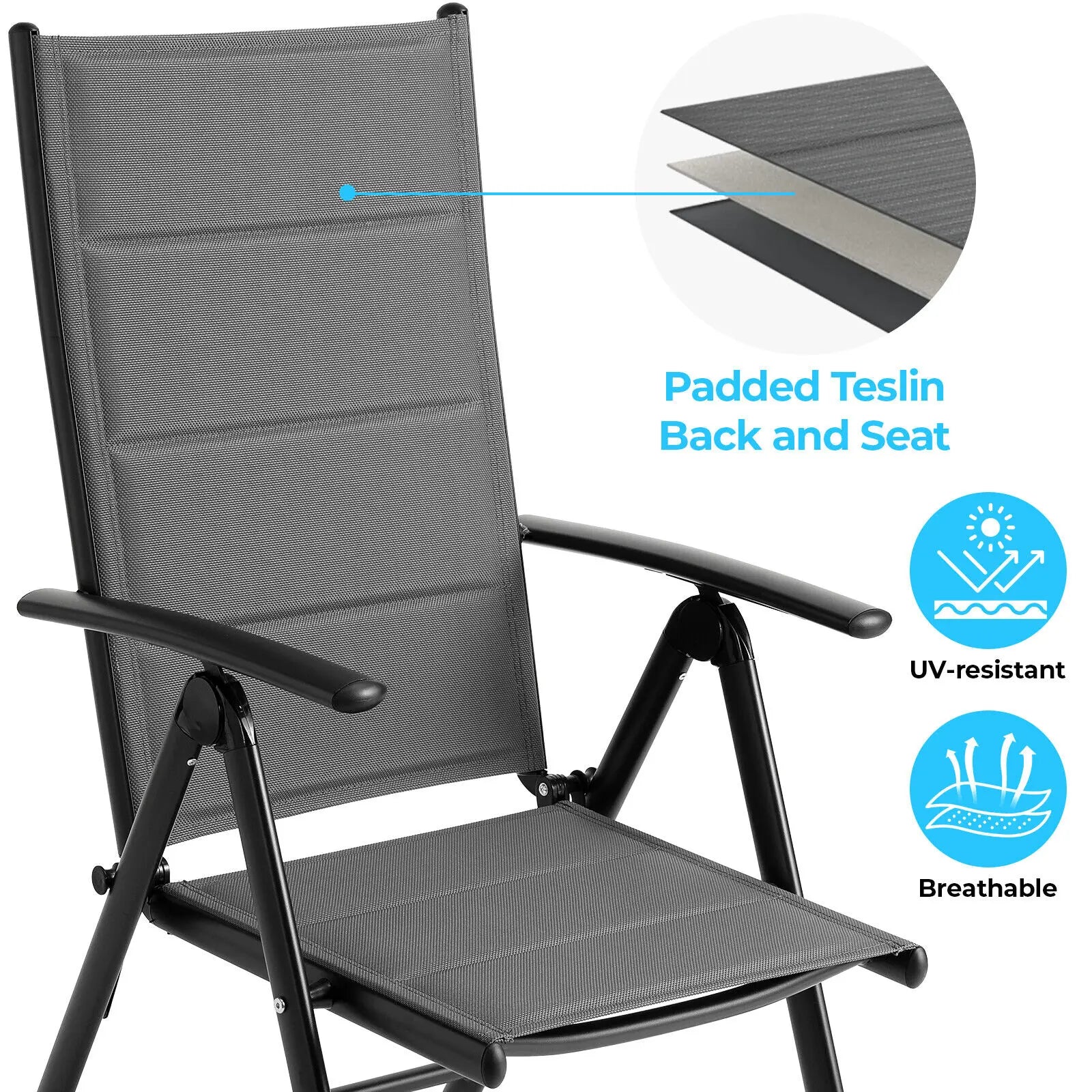 Tuinstoelen – Klapstoelen – Balkonstoelen – Terrasstoelen – Tuinmeubelen – Teakhouten Armleuning – Verstelbare Rugleuning - Grijs - QUORE