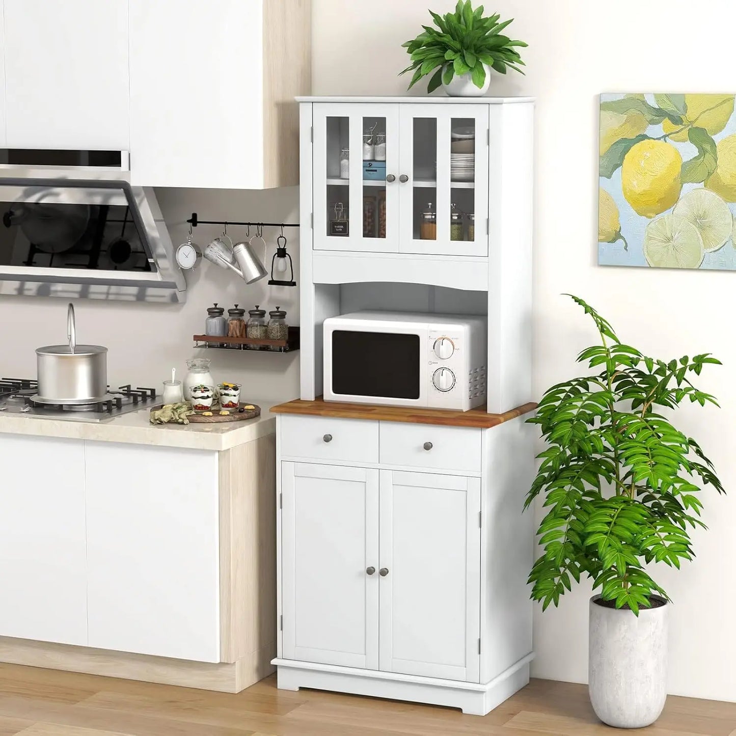 Keukenkast Hoog 170 cm – Houten Buffetkast – Hoge Kast met Laden, Glazen Deuren & Verstelbare Planken – Vrijstaand Keukenbuffet – Witte Kast voor Keuken of Eetkamer