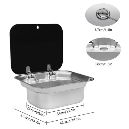 Campingwasbak – Opbouw Spoelbak – Inbouw Wastafel – Mobiele Afwasbak – Buitenkeuken Wasbak – Compact Formaat – RVS Met Glazen Deksel