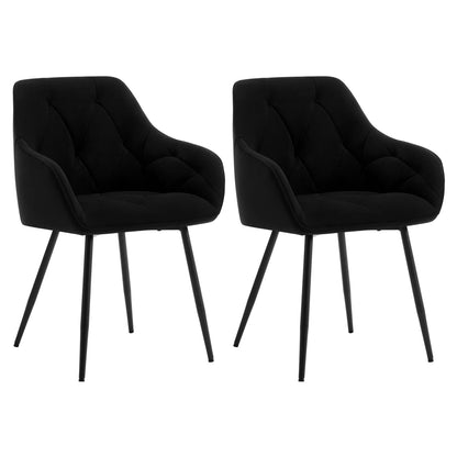 Velours Eetkamerstoel – Fluwelen Stoel – Zwarte Stoel – Eetkamerstoel Met Armleuningen – Set Van 2 – Comfortabele Zitting – Metaal Frame
