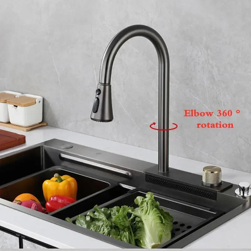 RVS Spoelbak – Keukenspoelbak – Inbouwspoelbak – Digitaal Gemonteerde Kraan – Roestvrij Stalen Bak – 75x45 cm – Digitale Waterkraan met 4 Waterstanden