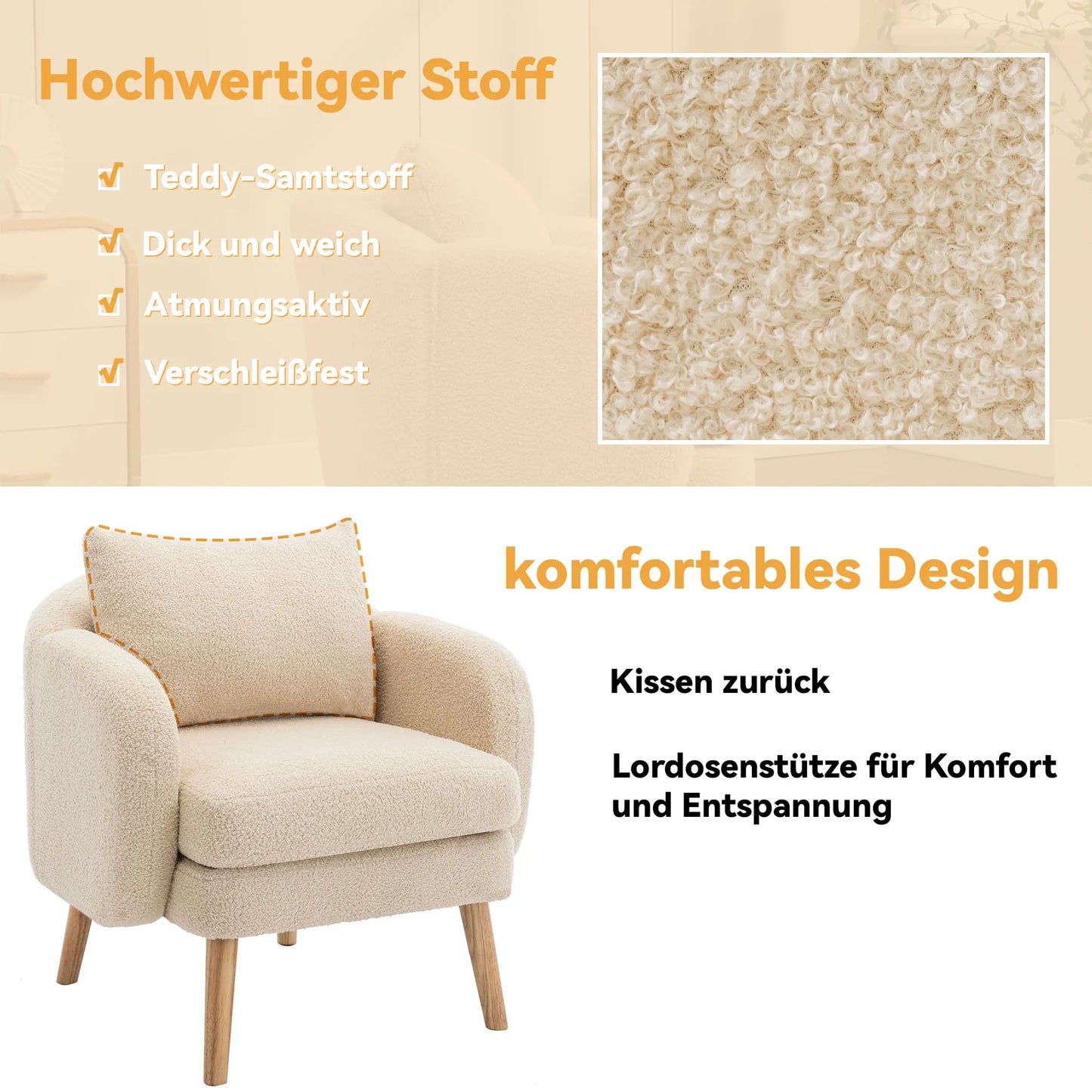 Fauteuil – Teddyvelours Stoel – Lounge Stoel – Relaxfauteuil – Zachte Bekleding – 14 Cm Dikke Zitting – Houten Constructie - 71 x 72 x 79 cm - Beige