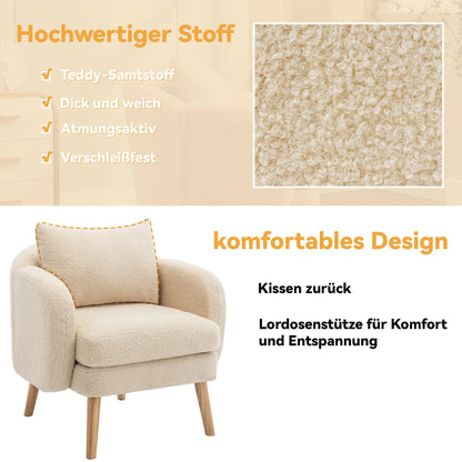 Fauteuil – Teddyvelours Stoel – Lounge Stoel – Relaxfauteuil – Zachte Bekleding – 14 Cm Dikke Zitting – Houten Constructie - 71 x 72 x 79 cm - Beige