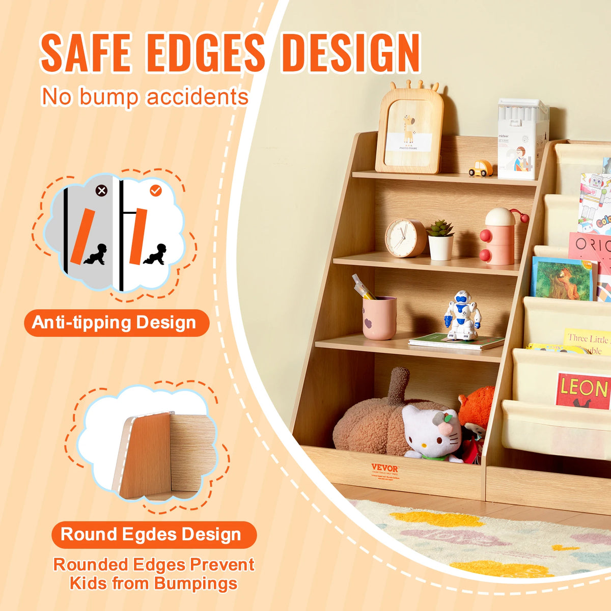 Bookcases - Bookshelf - Wall Shelf - Bookshelf - Storage Rack Organizer - 4-Tier - Wooden Bookshelf - Six-Layer Sling Bookcase - for Kids Room Playroom Preschool Daycare