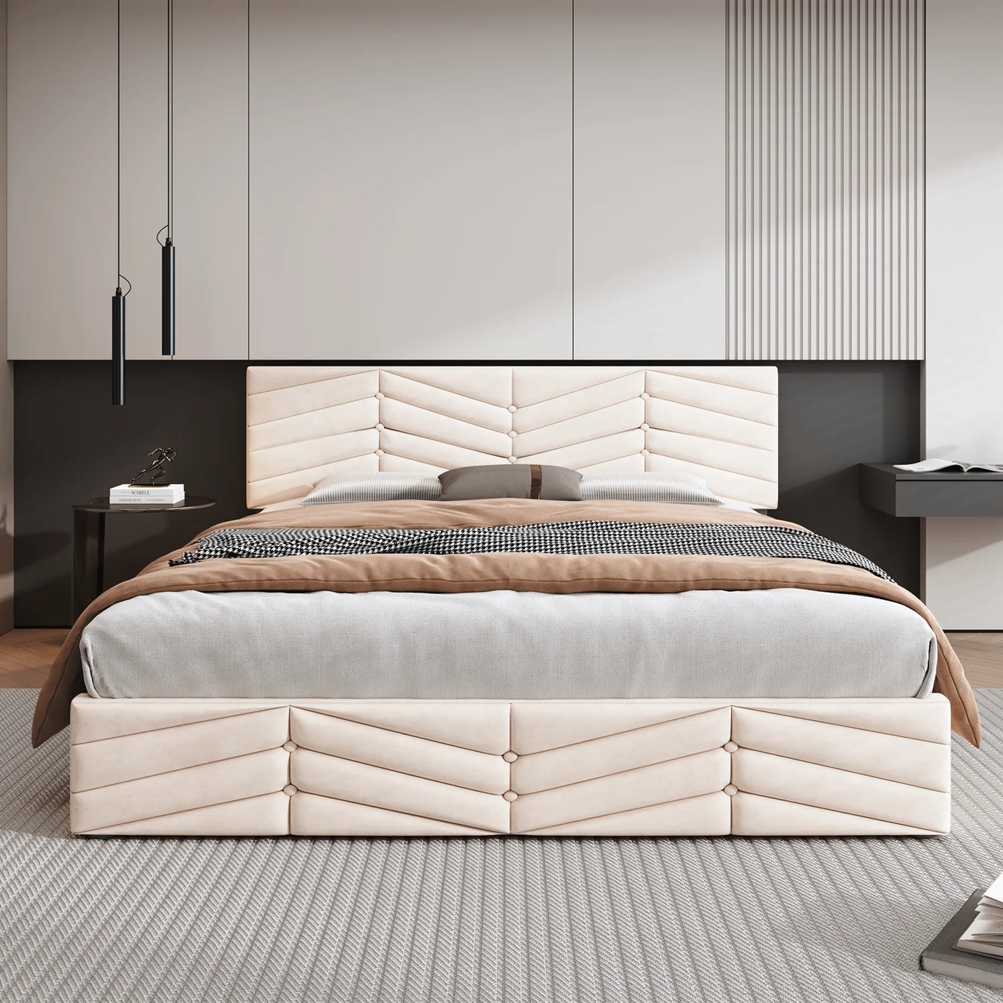 Fluwelen Bed – Velvet Bed – Luxe Bed – Slaapbed – Beige Bed – Verstelbare Hoofdsteun – Robuuste Houten Lattenbodem - QUORE