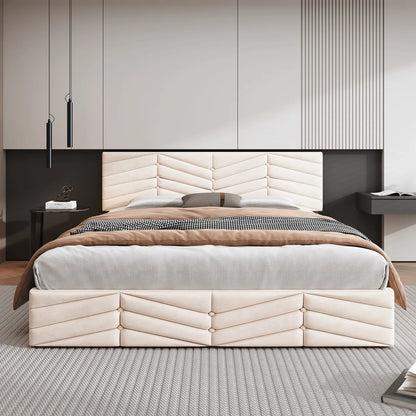 Fluwelen Bed – Velvet Bed – Luxe Bed – Slaapbed – Beige Bed – Verstelbare Hoofdsteun – Robuuste Houten Lattenbodem - QUORE