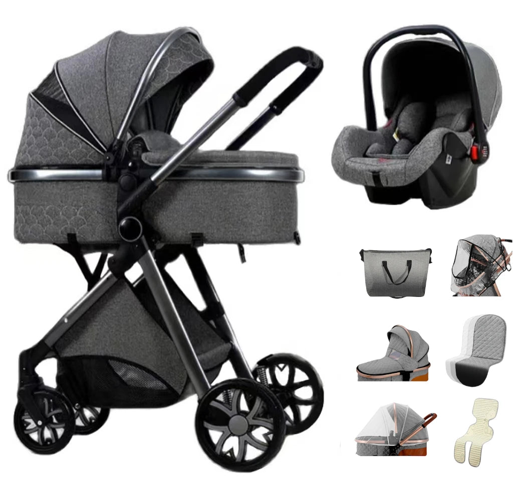 3-In-1 Kinderwagen – Reiswieg – Autostoeltje – Wandelwagen – Compact Opvouwbaar – Roestvrij Staal Frame – Geschikt Vanaf Geboorte - Donkergrijs