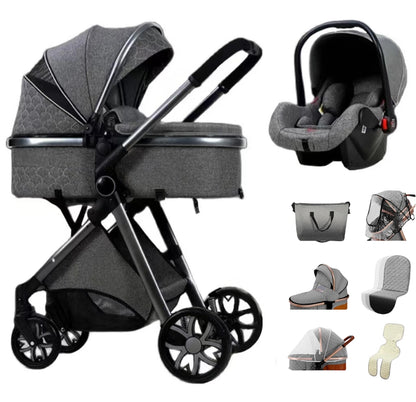 3-In-1 Kinderwagen – Reiswieg – Autostoeltje – Wandelwagen – Compact Opvouwbaar – Roestvrij Staal Frame – Geschikt Vanaf Geboorte - Donkergrijs
