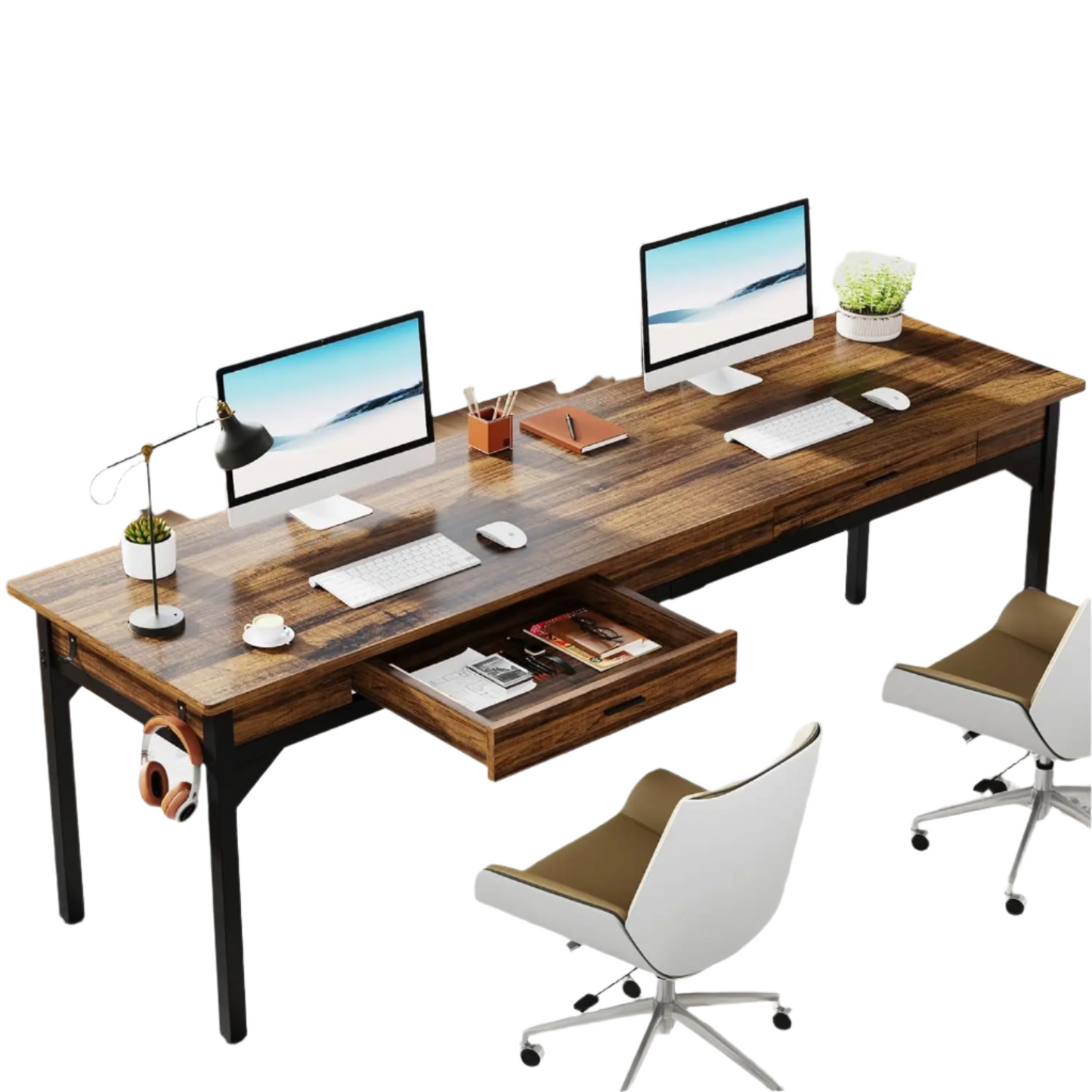 Bureau – Werkplek – Thuiswerkplek – Twee Personen – Extra Breed – Met Laden – Verstelbare Pootbeschermers - 200 x 60 x 82 cm - Bruin